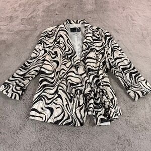 ALEX EVENINGS Women Zebra Party Blazer Jacket L Wrap‎ Lined Blouse Shawl Collar